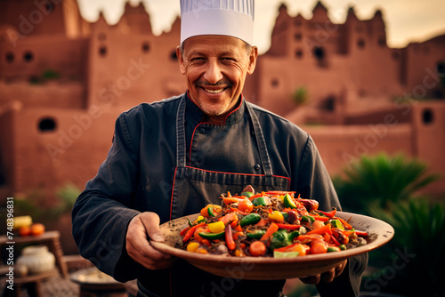 Moroccan Culinary Symphony: A talented Moroccan chef presents a tagine adorned with vegetables, a delightful and emblematic dish, offering a taste of the country's rich culinary heritage © Mr. Bolota