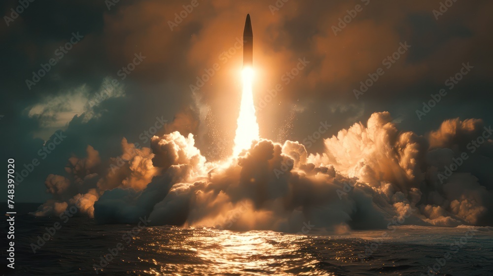 Submarine appears on the sea along with launching a rocket