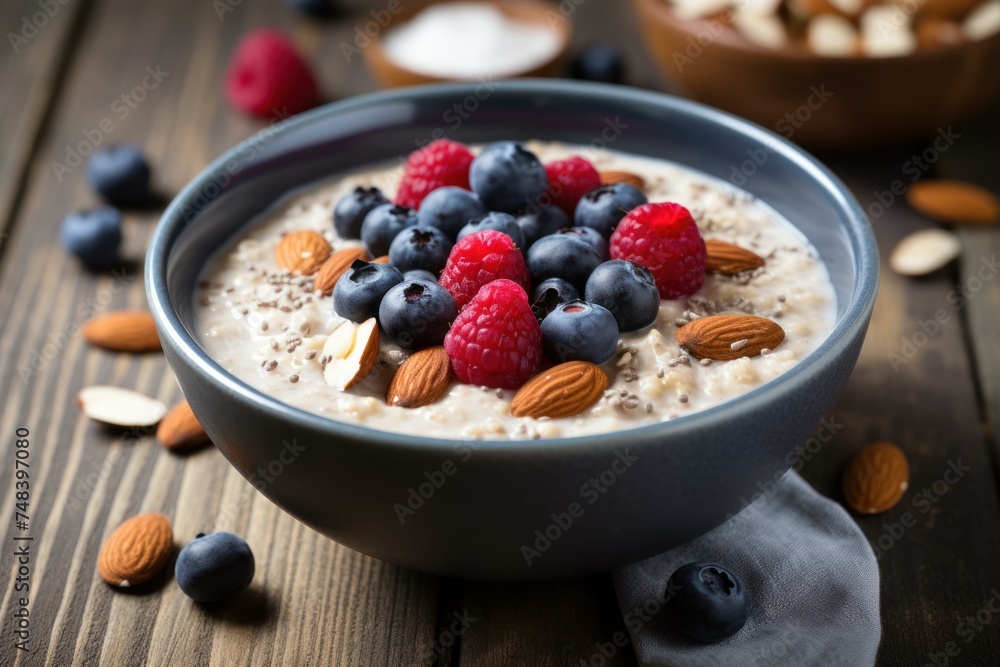 Wholesome Oatmeal almonds bowl. Morning food. Generate Ai Wholesome Oatmeal almonds bowl. Morning food. Generate Ai