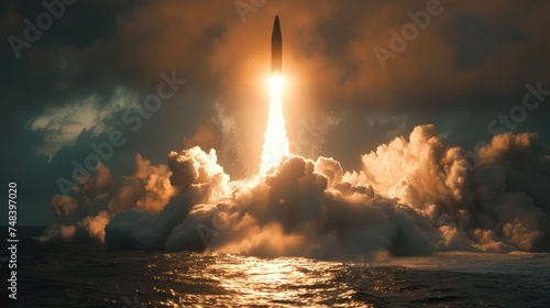 Submarine appears on the sea along with launching a rocket