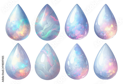 Teardrop-shaped white opal rhinestone watercolor illustration material set