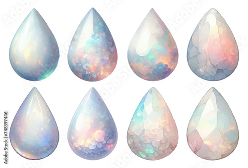 Teardrop-shaped white opal rhinestone watercolor illustration material set