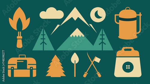 tourism, hiking and vacation doodle icons set. camping watercolor illustration. for printing on stickers, logos, postcards, cards. summer travel.