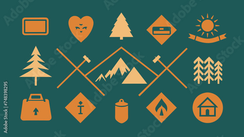 tourism, hiking and vacation doodle icons set. camping watercolor illustration. for printing on stickers, logos, postcards, cards. summer travel.