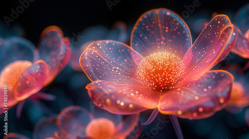 An abstract visualization of mutual fund performance in the form of a digital garden with each fund represented as a unique vibrant flower. The flowers are interconnected