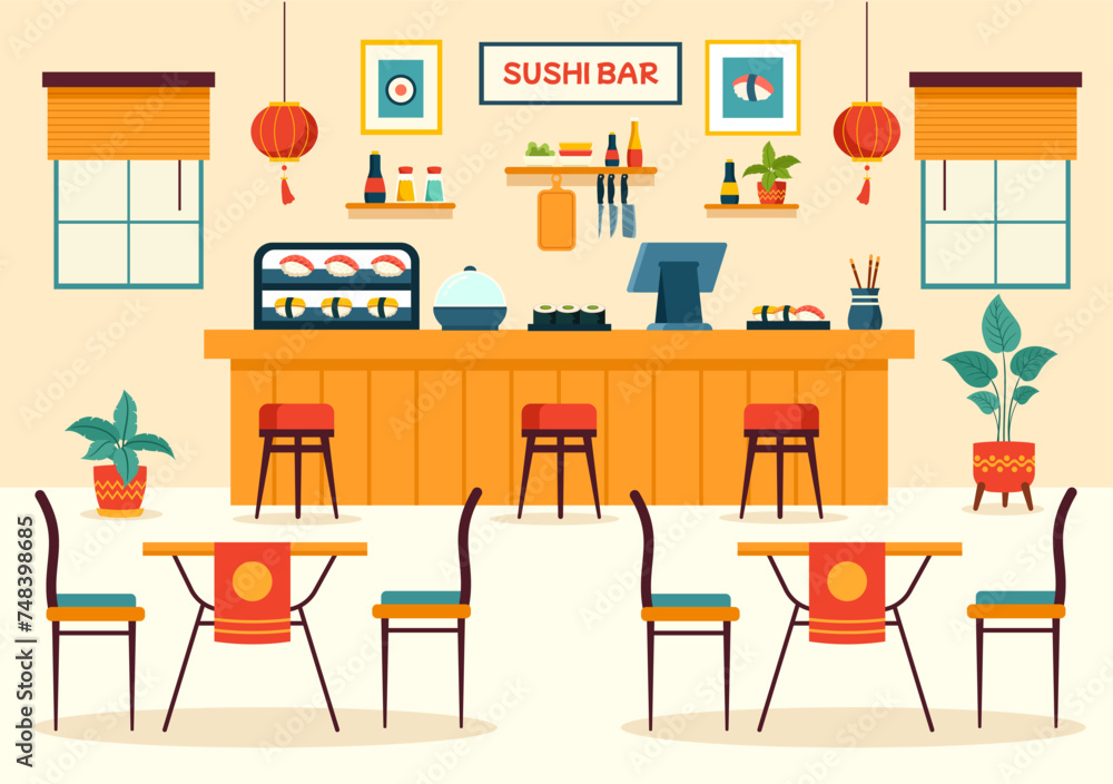 Sushi Bar Vector Illustration of Japan Asian Food or Restaurant of Sashimi and Rice for Eating with Soy Sauce and Wasabi in Flat Cartoon Background Sushi Bar Vector Illustration of Japan Asian Food or Restaurant of Sashimi and Rice for Eating with Soy Sauce and Wasabi in Flat Cartoon Background