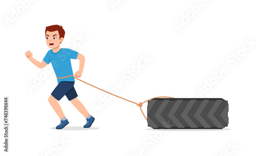 happy young sporty man running and pulling wheel