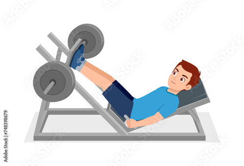 happy young sporty man doing leg press