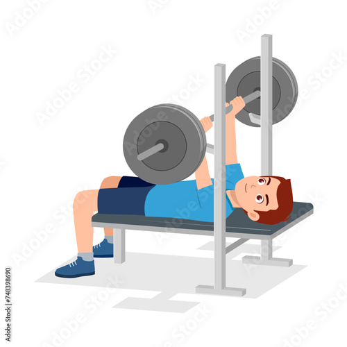 happy young sporty man doing bench press