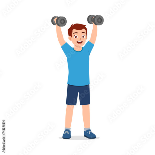 happy young sporty man doing barbell lifting