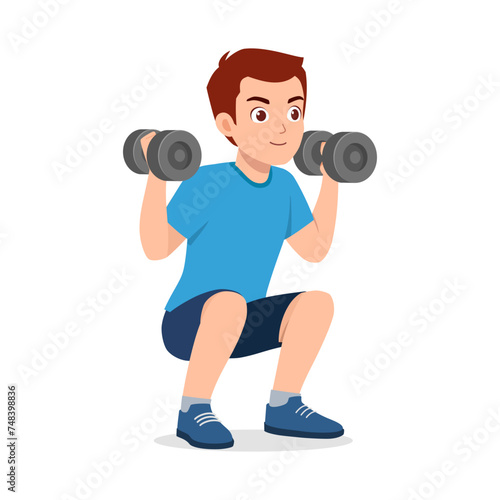 happy young sporty man doing barbell lifting