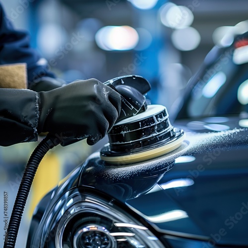 Car detailing hands with orbital polisher in auto repair shop