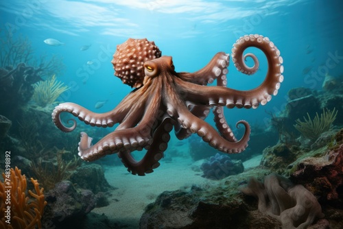 Mesmerizing Octopus underwater daylight. Nature water sea. Generate Ai