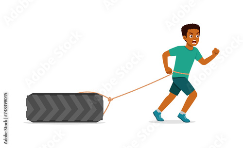 happy young sporty man running and pulling wheel