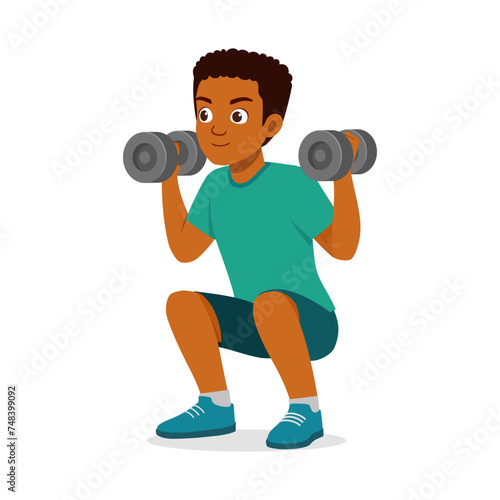 happy young sporty man doing barbell lifting