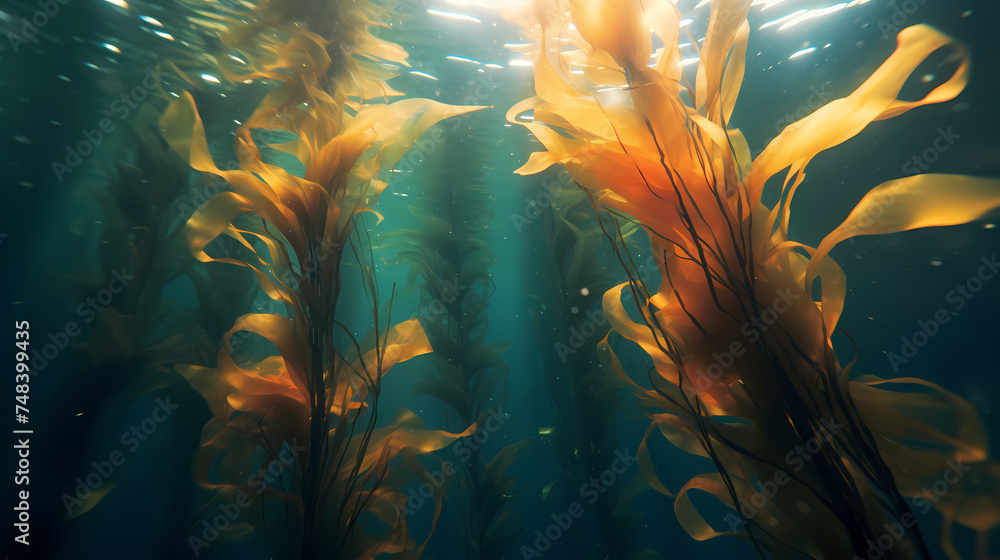 Seaweed and natural sunlight underwater seascape in the ocean - obrazy, fototapety, plakaty 