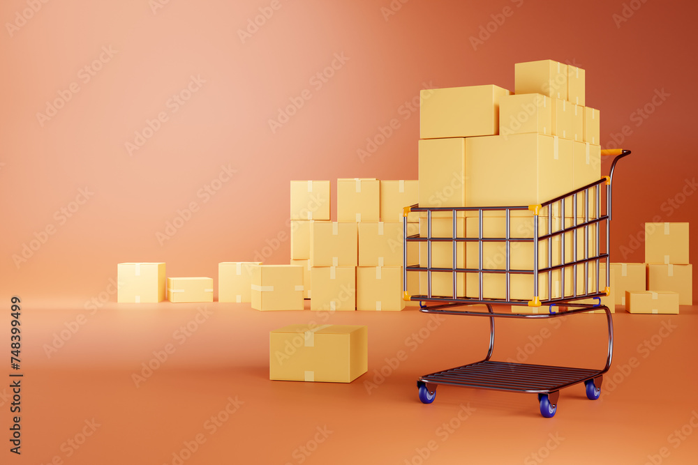 shopping cart, realistic or cartoon 3D illustrations with parcel boxes, online marketing, supermarket Department store, retail shopping cart, realistic or cartoon 3D illustrations with parcel boxes, online marketing, supermarket Department store, retail