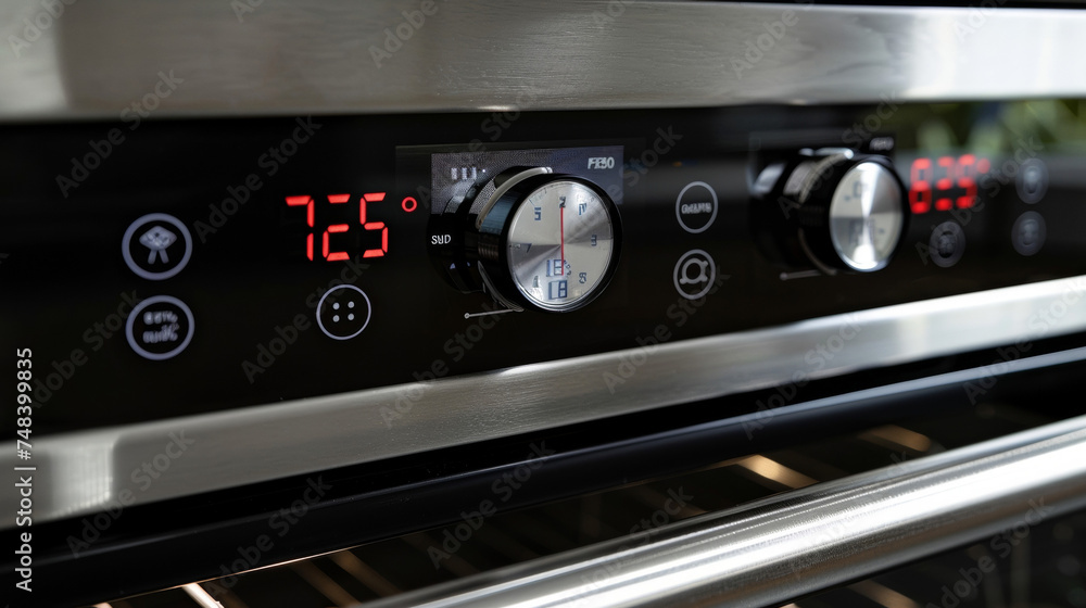A closeup of the digital temperature control panel showing the temperature set to 375 degrees Fahrenheit.