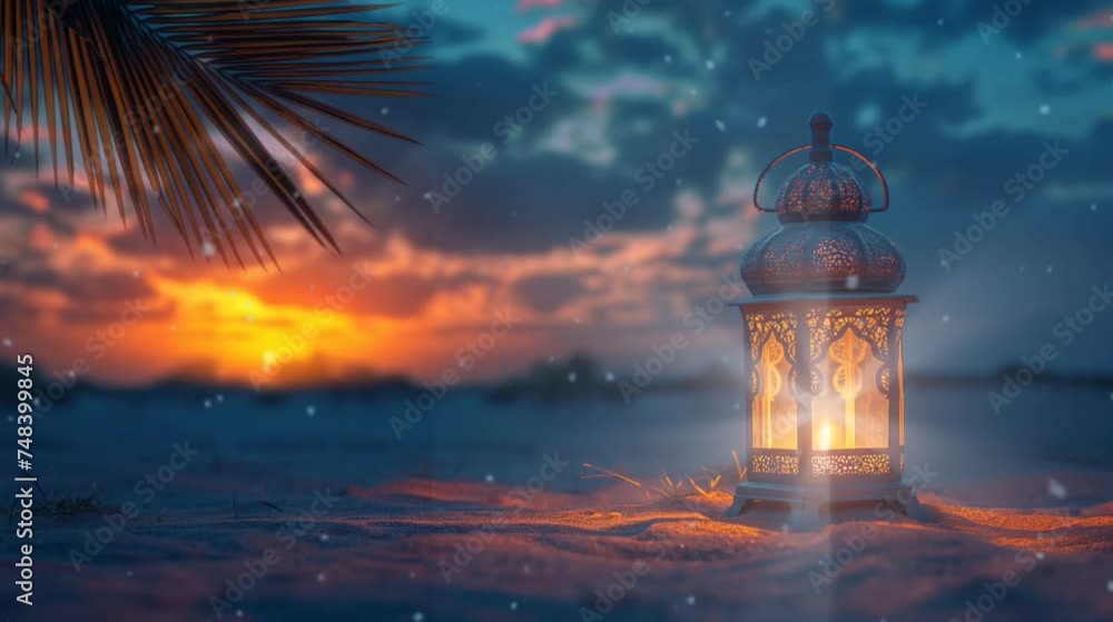 Lantern with palm tree leaf in desert. Seamless looping time-lapse video animation background Lantern with palm tree leaf in desert. Seamless looping time-lapse video animation background