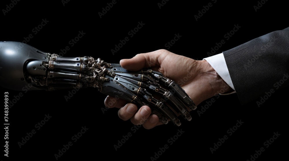 Naklejka premium artificial intelligence and human hands doing handshake, ai