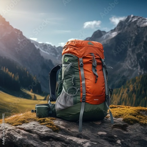 a backpack sitting on a rock in the mountains