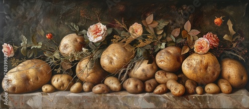 A painting depicting a collection of raw potatoes and colorful flowers arranged neatly on a ledge. The contrast between the earthy potatoes and vibrant blooms creates a striking composition.