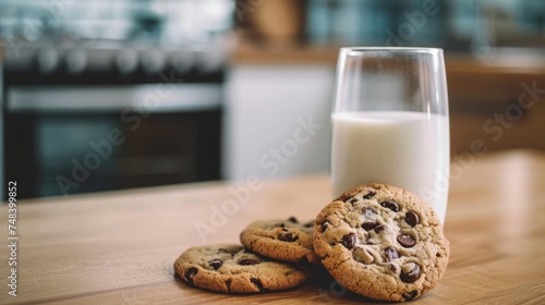 Cookies and glass of milk on the table in a modern kitchen generative ai