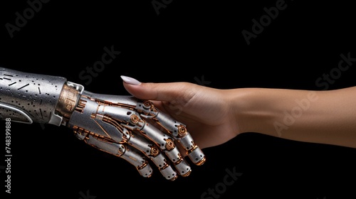 artificial intelligence and human hands doing handshake, ai