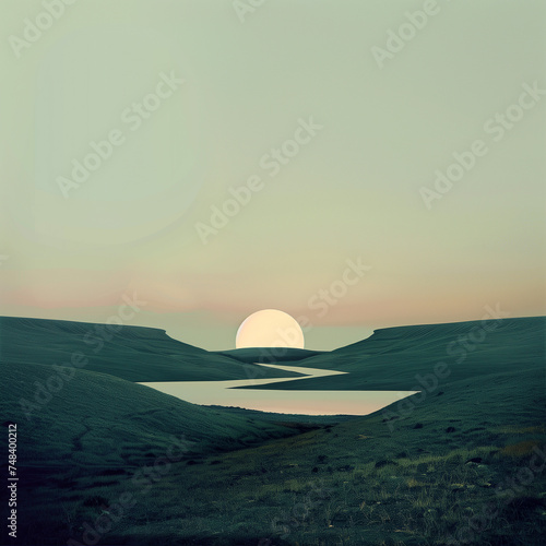 Surreal summer landscape with mountain, water and sunset in valley,. Scenery fantasy. Abstract background. generative, AI