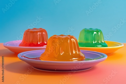 Colorful fruit jelly in a plate on a blue and orange background photo