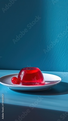 Red jelly with cherry on a white plate on a blue background. photo