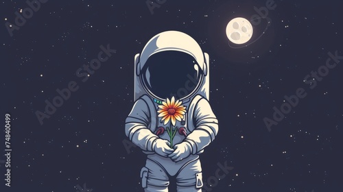 cute astronaut holding a flower in his hands, generative ai photo