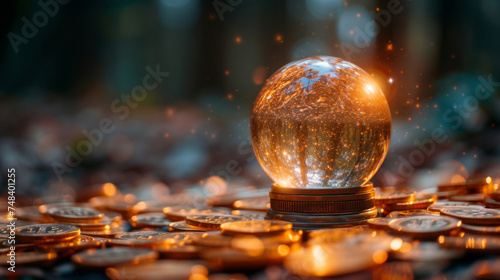 A futuristic abstract representation of a crystal ball hovering above a pile of virtual coins foreshadows the use of technology and data analysis to predict future trends