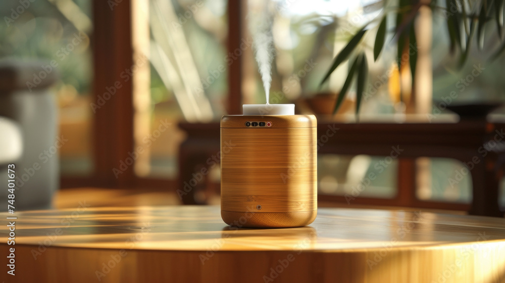 A unique oil diffuser made of bamboo featuring a builtin timer and a sleek cylindrical design. A unique oil diffuser made of bamboo featuring a builtin timer and a sleek cylindrical design.