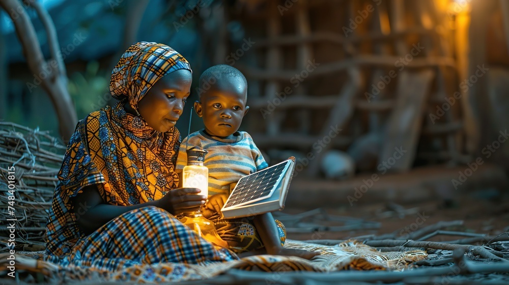 Create a raw and realistic photo of an African child reading a book with his young mother using a solar lamp in a modest African-style house, commercial picture Create a raw and realistic photo of an African child reading a book with his young mother using a solar lamp in a modest African-style house, commercial picture