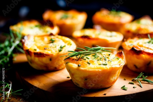 Golden mini quiches on a wooden board, garnished with fresh thyme, perfect for appetizers.