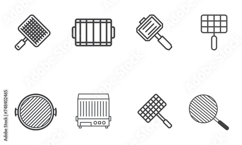 Grill line icons. Salmon meat steak, Bbq smoker and Fire cooking set. Gas-fueled grill, hot pan and barbecue sausage icons. Grilled beef steak meat, roasted food and fish grilling basket. Vector