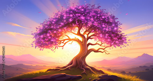 a purple tree sitting on top of a grass covered hillside