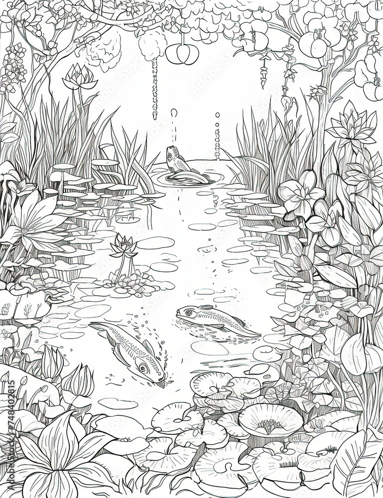 Fototapeta premium a drawing of a pond with lily pads and a bird