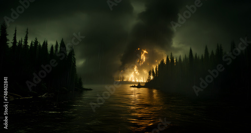 a picture of a dark misty night with fire in the background