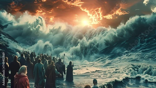 The red sea being parted by Moses for the Israelites photo