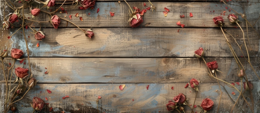 Dry red roses bloom against weathered wooden planks, creating a vintage charm in a rustic background. - obrazy, fototapety, plakaty 