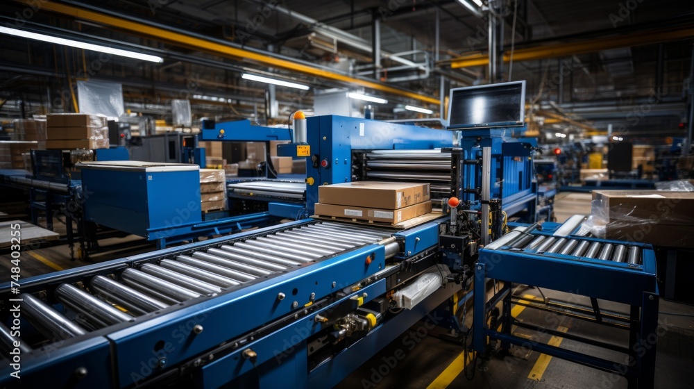 Cardboard boxes being processed on an automated packaging line in an industrial setting. Cardboard boxes being processed on an automated packaging line in an industrial setting.