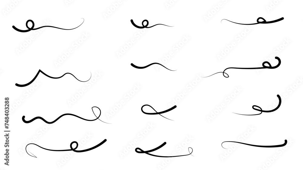 Swoosh and swoops double underline typography tails shapes set. Brush drawn thick curved smears. Hand drawn collection of curly swishes, swashes, squiggles, set. Vector calligraphy doodle swirls. - obrazy, fototapety, plakaty 