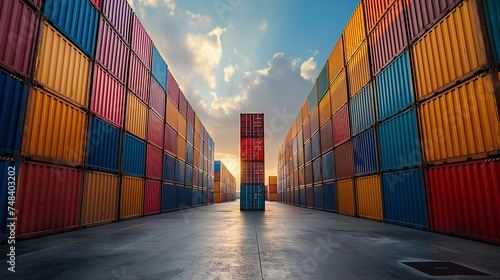 Stacked cargo containers in the storage area of freight sea port terminal, concept of export-import and national delivery of goods. generative AI