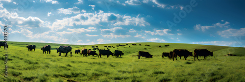 Serene Pastoral Setting: Aberdeen Angus Cattle Grazing in Lush Fields under Clear Blue Skies