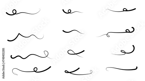 Swoosh and swoops double underline typography tails shapes set. Brush drawn thick curved smears. Hand drawn collection of curly swishes, swashes, squiggles, set. Vector calligraphy doodle swirls. photo