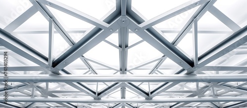 Steel roof structures for event stages and multi-purpose stadiums. Construction site and open field background with sunny weather