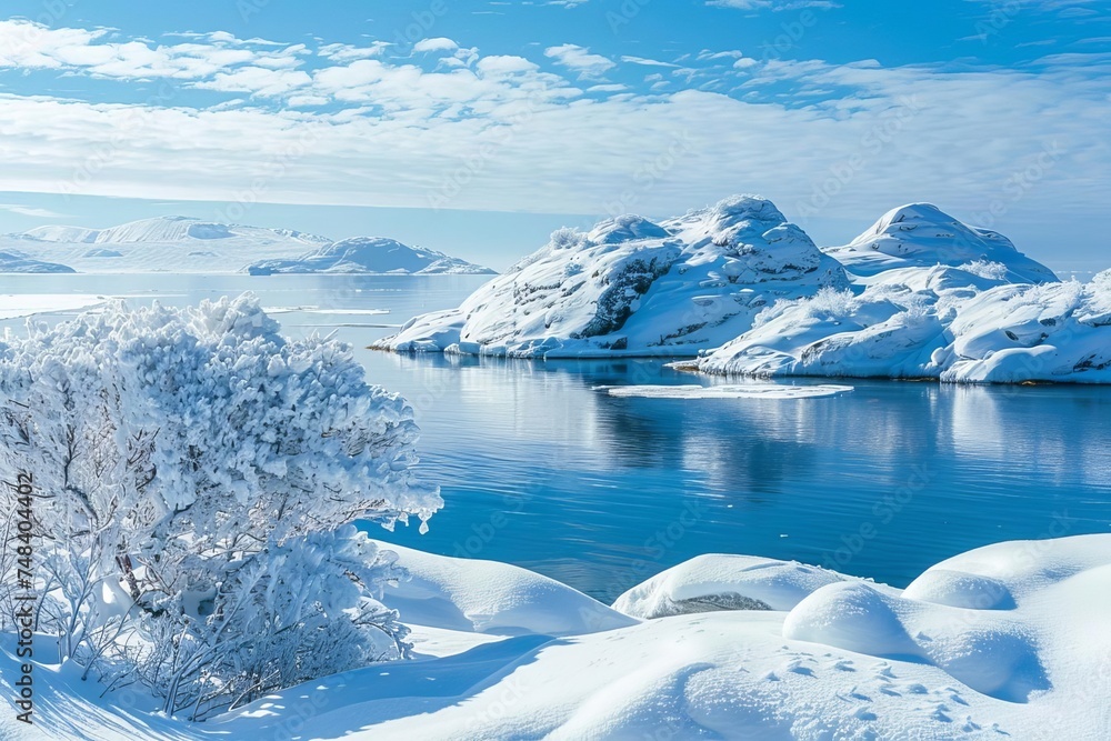 Arctic landscape Icebergs and snow-covered rocks against a stark sea Embodying the serene beauty and isolation of the polar regions