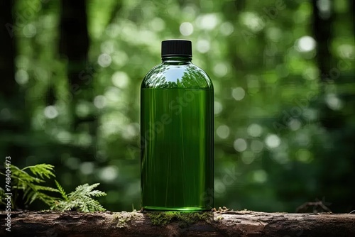 a green bottle sitting on top of a log